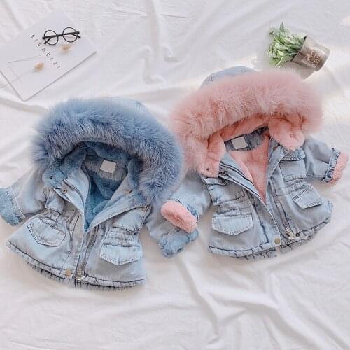DROPSHIPPING Winter Baby Girl Denim Jacket Plus Velvet Real Fur Warm Toddler Children AUTUMN&WINTER Outerwear Outfits Kids Coats