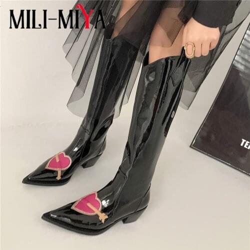 MILI-MIYA Autumn Cowboy Long Heart Shaped Knee High Boots Women Shiny Patent Leather Chunky Heel Pointed Toe Night Club Shoes
