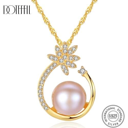 DOTEFFIL 925 Silver Necklace Pearl Pendant Zircon Inlay Clavicular Chain Natural Freshwater Pearl Jewelry Link Women Lady Gift