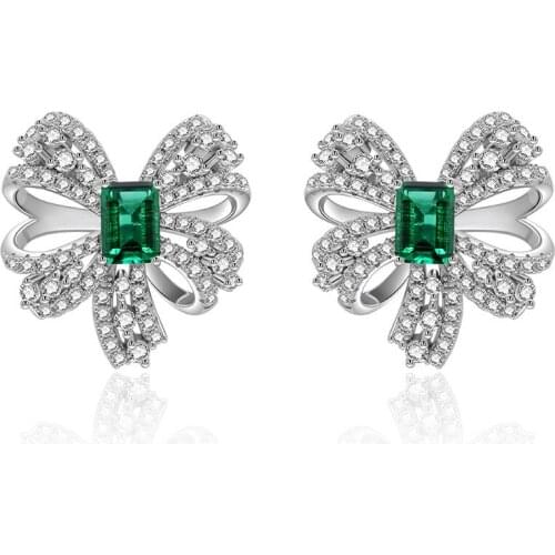 Vintage Wedding Engagement Simulated Moissanite 22*21MM Emerald Bowknot Stud Earrings Solid 925 Sterling Silver Jewelry Earings