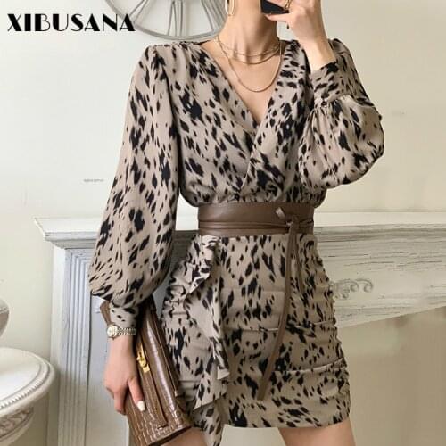 Chic Retro Leopard Printed Women Chiffon Dresses 2021 Spring Long Sleeve V-Neck Sexy Short Mini Dress With Belt Mujer Vestidos