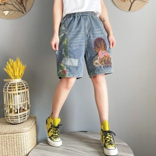 Summer Knee Length Jeans Shorts Women High Waist Vintage Harajuku Cartoon Patchwork Ripped Shorts Denim Trousers Streetwear