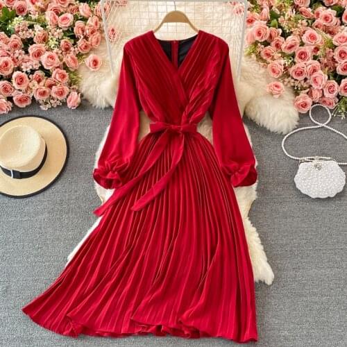 Teeuiear vintage slim v neck bandage pleated long Dress autumn party dress vestido de festa Women elegant office tunic dress
