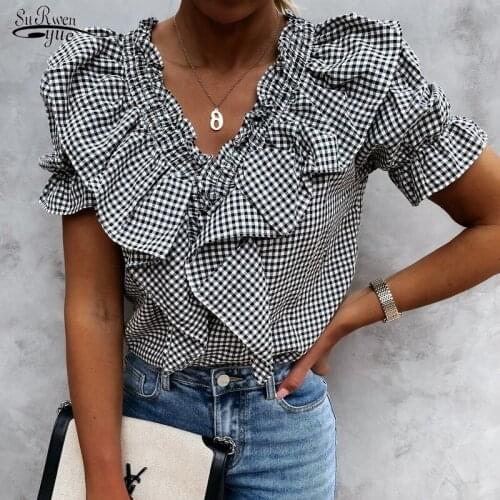 Summer 2021 Fashion New Sexy Deep V-neck Puff Sleeve Women Blouse and Tops Elegant Ruffle Plaid Slim Shirt Blusas Femme 16583