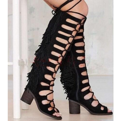 Square heels back zipper peep toe cut-outs suede summer boots for woman hollow out lace up knee high sandal boots black shoes