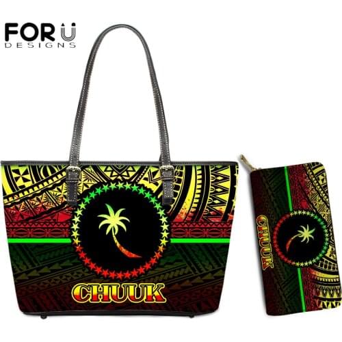 FORUDESIGNS Lady Elegant Shoulder Handle Tops Bag Set Girls Traditional Tribe Chuuk Printed Large Tops Luxury Handbag Money Case