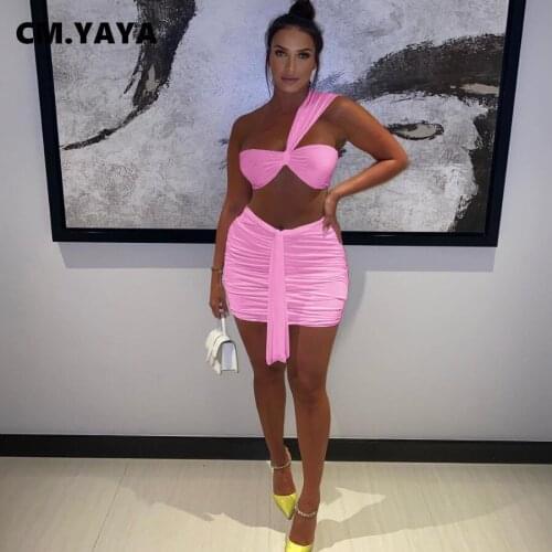 CM.YAYA Women Set Solid One Shoulder Super-short Tops Stacked Elastic Bandage Mini Skirts 2 Piece Sets Sexy Night Party Outfits