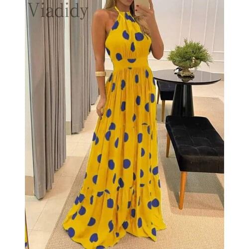 Beach Style Womens Polka Dot Print Halter Backless Ruched Dress