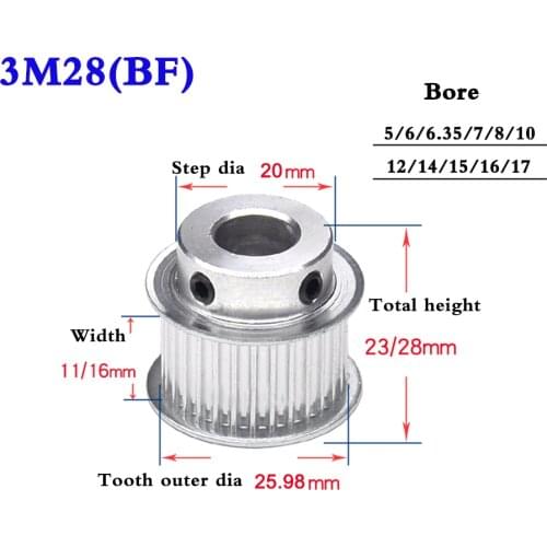 1Pcs 3M28 Tooth Synchronous Wheel Timing Belt Pulley Aluminum Alloy Width 11mm Bore 5-12mm