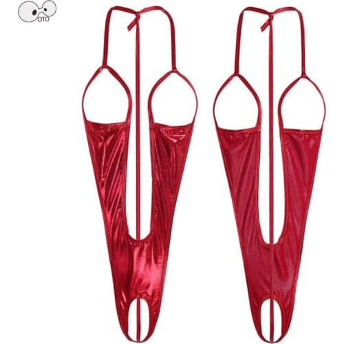 2020 Crotchless Open Bust Women Shiny One Piece Swimsuit Metallic Beachwear Swimwear Micro Thong Sex Clubwear Bodysuit Lingerie