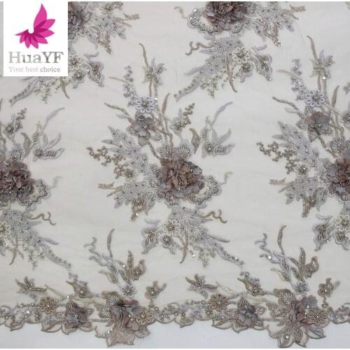 2021 3D Flowers HandMade Beads Lace Handmade Fabric French Wedding Dress Latest Nigeria Cotton Embroidery HY1670-3