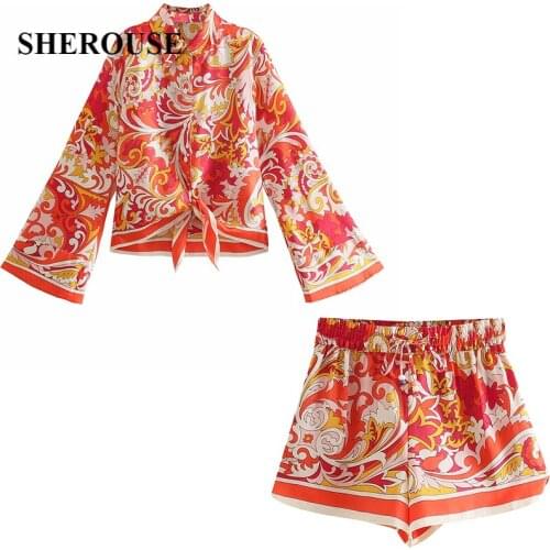 2021 Summer Teo Pieces Set Women Floral Printed Shirt and Shorts Suit Chic Lady Fashion Casual Shorts Sets Women Outfit