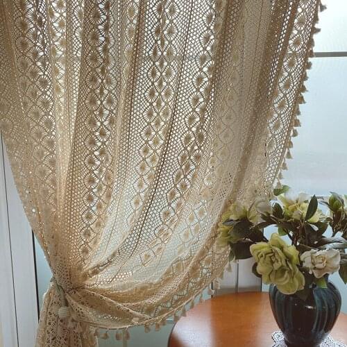 American Country Cotton- Linen Tassel Finished Curtains Beige Crochet Hollow Translucent Curtains For Living Room Bedroom