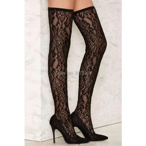 Black Lace flowers Tall Boot 10CM Thin Heels Thigh High Boots Women Long Boots Over The Knee High Boots