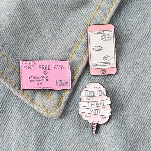 ONE FREE KISS Ticket Sweeter Candyfloss Enamel Pins Badges Brooches Lapel Pin Denim Shirt Collar Sweet Pink Love Jewelry Gift