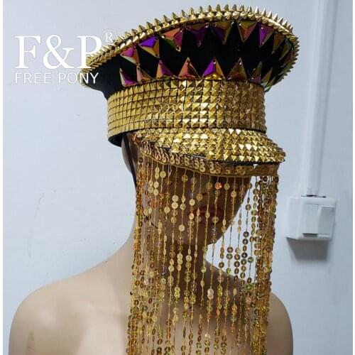 Burning Man Festival Holographic Sequin Fringe Hat officer Hat Military Captains Rave Bespoke Hat Costumes Gypsy Boho Hippie