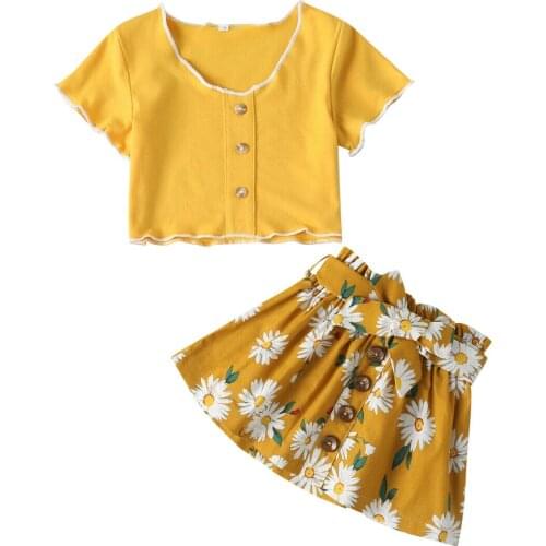 2PCS Toddler Kids Baby Girl Clothes Sets Yellow Solid Short Sleeve Tops T-shirt+Floral Skirt Outfits O-4Y Set