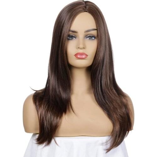 Brown and black mixed Color Long Silky Natural Straight Hair Wig Gluless Heat Resistant Synthetic Wig for White/Black Women