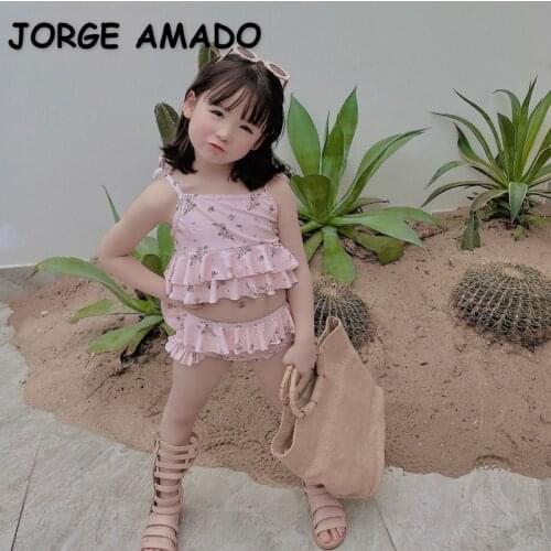 2021 New Summer Kids Girls Swimwear 2-pcs Floral Sleeveless Sling Swimsuit Children Cute Style Hot Spring Clothes E140