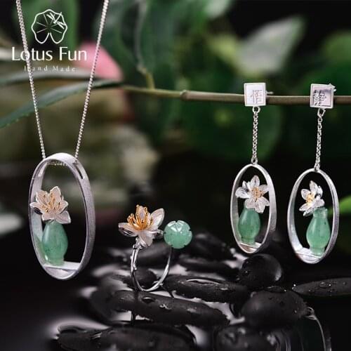 Lotus Fun Real 925 Sterling Silver Natural Chalcedony Handmade Fine Jewelry Flower Lotus Whispers Jewelry Set for Women Bijoux