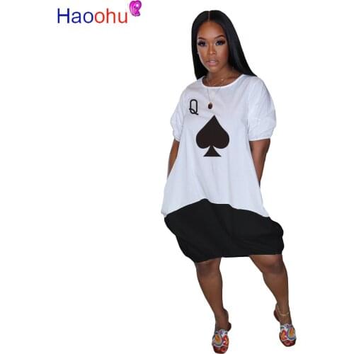 HAOOHU Fashion new Women Bubble Dress Poker Print Short Sleeve Splicing Loose Midi Dress Party Club Streetwear Dresses