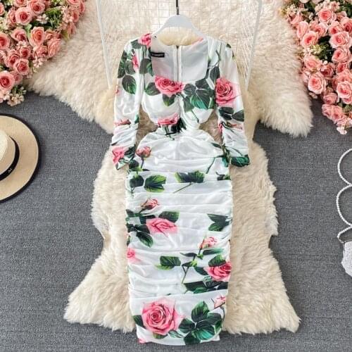 New Spring Autumn Floral Print Vintage Women Dress Elegant Ruched Bodycon Midi Dress Square Collar Padded Slim Sexy Party Dress