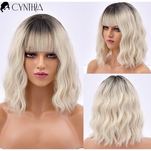 Short White Ombre Wave Hair Synthetic Wigs With Bangs For Women Daily Natural Heat Resistant Cosplay Wavy Female Fibre Wig