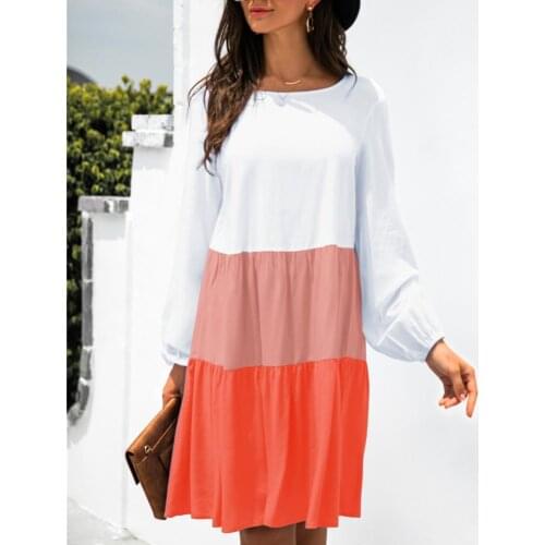 Summer Casual Women Short Dress Contrast Color Patchwork Sundress Long Sleeve O Neck Ruffles Dress for Daily Wear