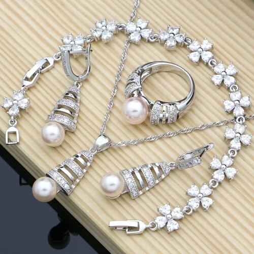 Pink Pearls Bead Bridal Jewelry Sets White Zircon 925 Silver Jewelry Kits For Women Party Earrings Stone Ring 4PCS