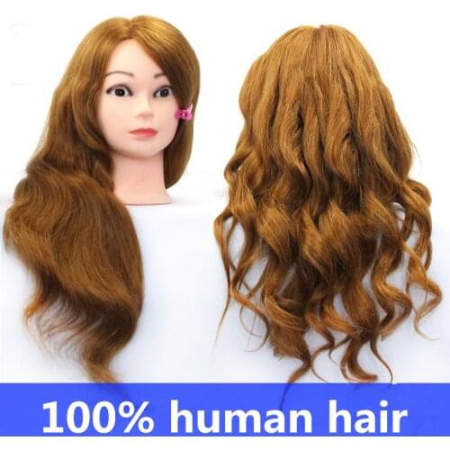 100% Natural Hair Hairdressing Training Head Mannequin golden 20'' Mannequin Head Can Be Curly With Makeup