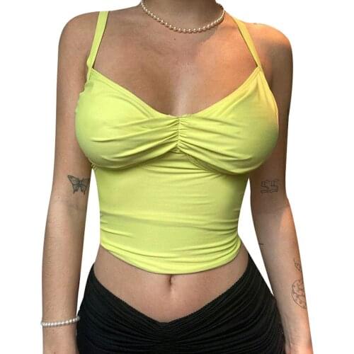 Women’s Fashion Solid Color Camisole Sexy Pleated V-neck Exposed Navel Suspender Tops Female clothing
