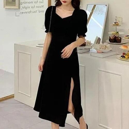 Women Dress Puff Sleeve Split Design Polyester French Style Sexy Summer Dress for Date