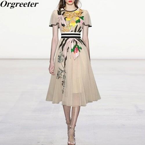 High Quality 2021 Women Summer Fashion Dot Mesh Midi Dress Butterfly Sleeve Exquisite Embroidery Ladies Slim A-Line Dresses