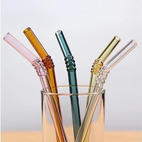 1Pc Heat-Resistant Glass Straw Color Reusable Creative Art High Borosilicate Glass Juice Milk Flat Mouth Rotating Curved Straw