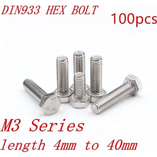 100pcs DIN933 M3 3mm 304 stainless steel hex bolt M3*6/8/10/12/1/16/18/20/25/30/35/40mm