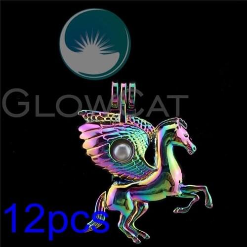 12x R-C843 Rainbow Myth Pegasus Pearl Cage Jewelry Making Essential Oil Diffuser Beads Cage Locket Pendant