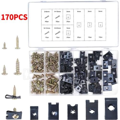 170PCS Car U Clip with Screw Assortment Kit Automotive U Nut Screw Clip Metal Body Panel Clip Fasteners