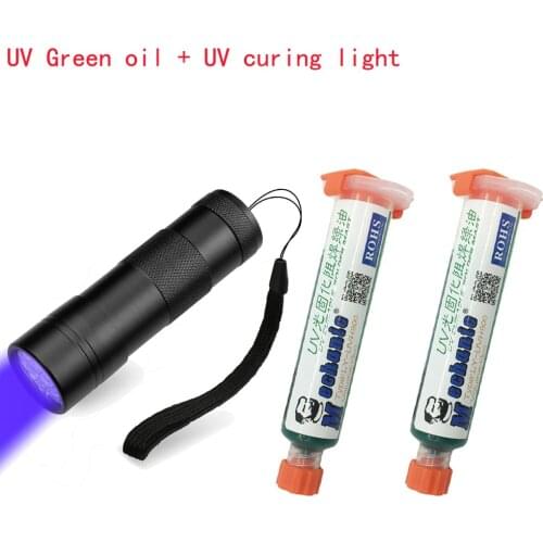 2pcMECHANIC 10ML GREEN UV SOLDER MASK PCB BGA PAINT PREVENT CORROSIVE ARCING Soldering Welding Fluxes Oil+ 12led UV curing light