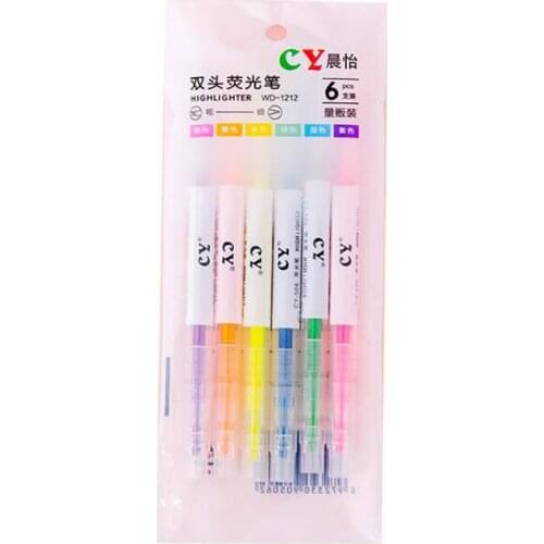 6 Suits Double-headed Highlighter Creative Highlighter Student Stroke Key Sentence Marker Color Oblique Head Office Marker Pen