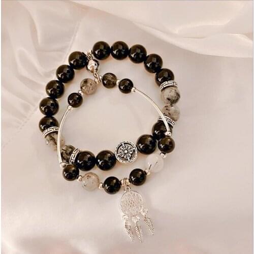 Natural obsidian stone bracelet couple beaded jewelry commemorative gift Small design sense dream net pendant bracelet