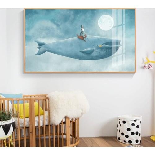Pink Blue Whale Moon Baby Nursery Painting Nordic Watercolor Animal Wall Art Canvas Poster Print Kid Children Bedroom Decor