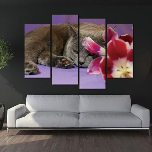 Cat Lie On Purple Floor Flower Wall Art Painting The Picture Print On Canvas Animal Pictures For Home Decoration