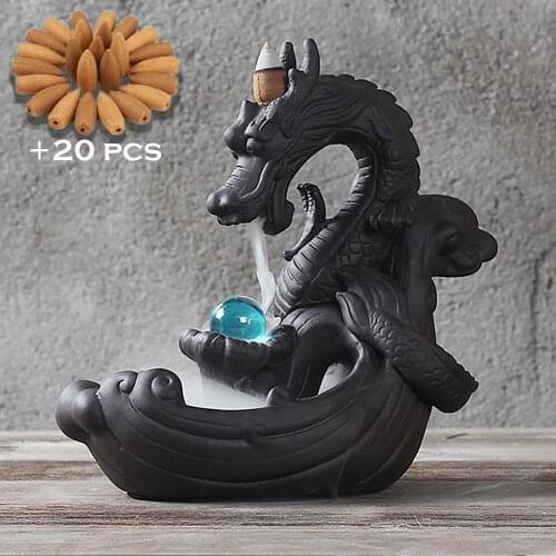 Ceramic Backflow Incense Burner Dragon Incense Cones Holder Censer With Crystal Ball + 20pcs Incense Cones Home Buda Decorativo