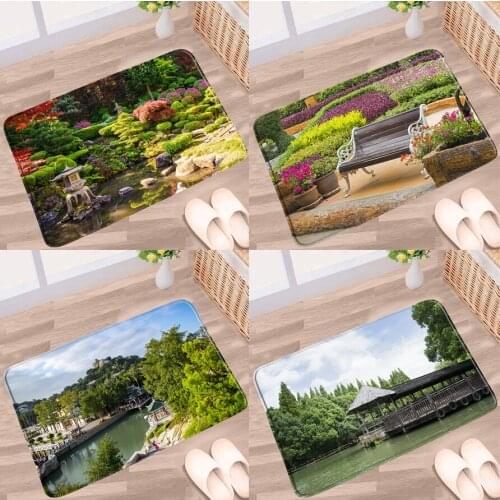 Doormat Garden Flower Plant Landscape Bathroom Mat Forest Pond Green Leaf Courtyard Non-Slip Rug Bedroom Kitchen Doorway Carpet