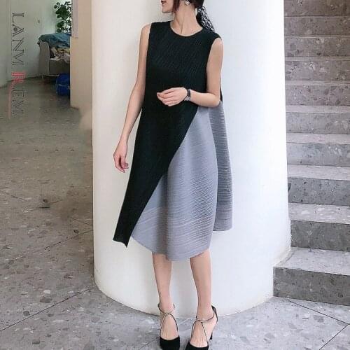 LANMREM Women Dress 2021 Summer Irregular Contrast Color All-match Sleeveless Dresses Casual Outerwear Female Fashion 2A5007