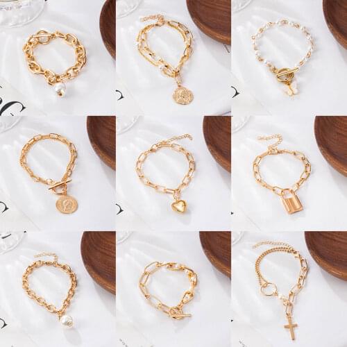 Fashion Gold Bead Pearl Bracelet For Women Bohemian Punk Chains Coin Pendant Charms Womens Bracelets Jewelry Accessories Gifts