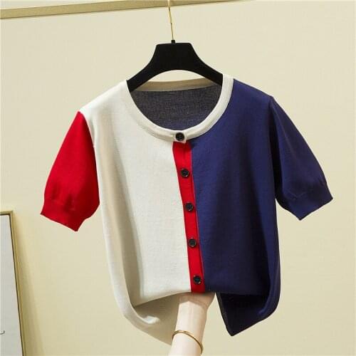 Fashion Color contrast Cardigan O-neck short-sleeved sweater bottoming shirt womens loose thin pullover 2021summer Style