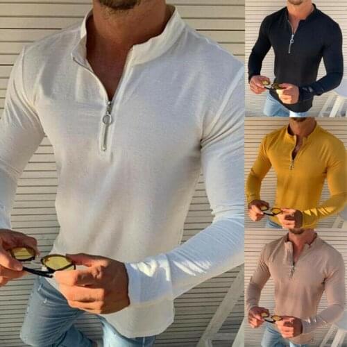 2019 Mens T Shirt 5 Basic Colors Long Sleeve Slim T-shirt Fashion Men Pure Color Tee Shirt Male Autumn Clothing Zipper T-Shirts