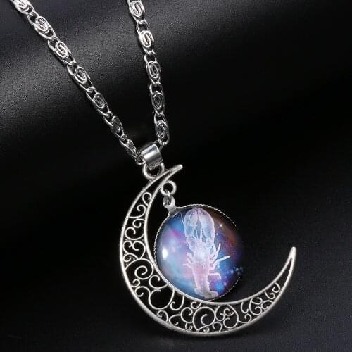 12 Zodiac Signs Pendant Crescent Moon Necklace Fashion Jewelry for Women Constellation Aries Aquarius Necklace Birthday Gift