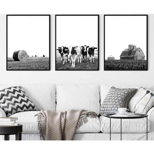 Cows Barn Hay Black and White Photography Posters and Prints Farmhouse Wall Art Canvas Painting Pictures Home Kitchen Decoration